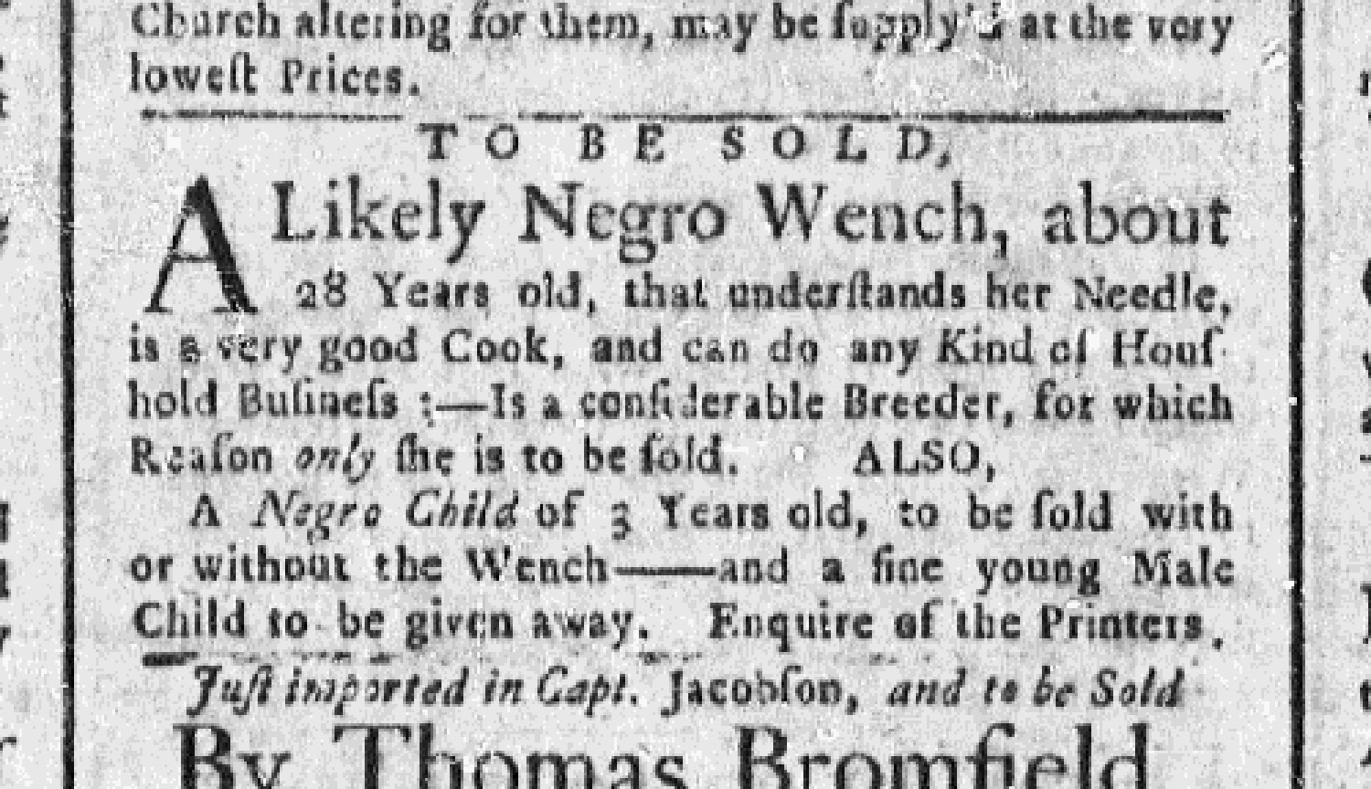 Newspaper ad for the sale of a woman and children